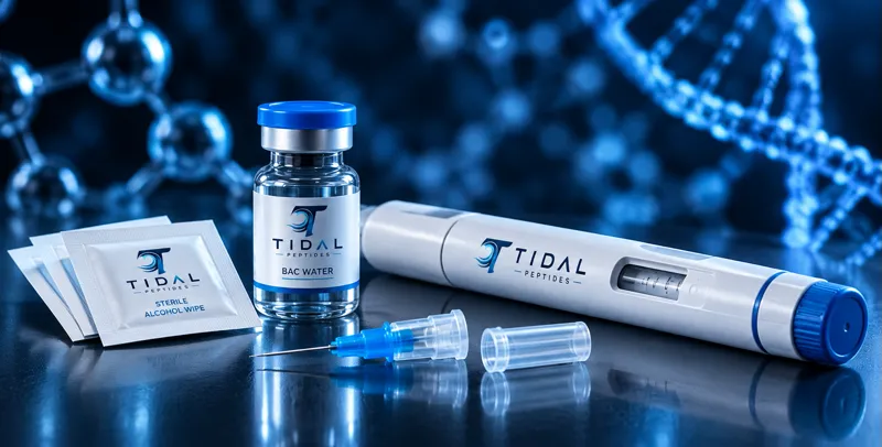 Tidal Peptides accessories — BAC water vial, reusable pen injector, needle and sterile alcohol wipes on a blue background