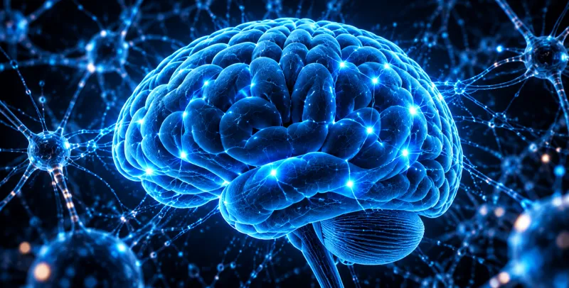Glowing blue illustration of a brain within a neural network