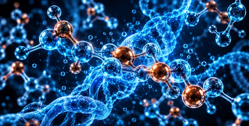 Molecular model with copper and blue atoms on a blue background