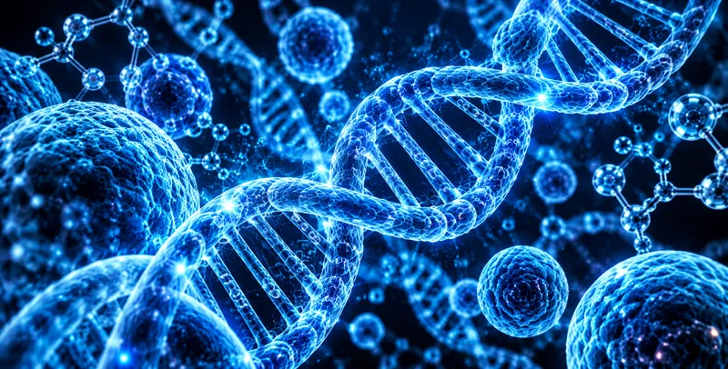 Glowing DNA double helix among blue cells and molecules