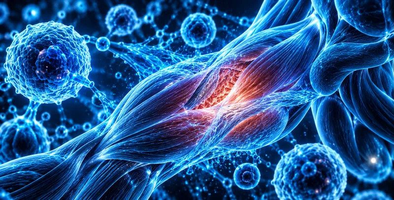 Glowing blue illustration of muscle tissue regeneration