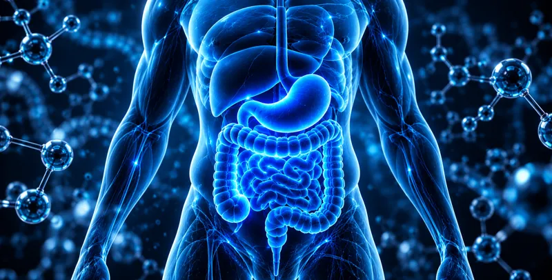 Glowing blue illustration of the human digestive system among molecules